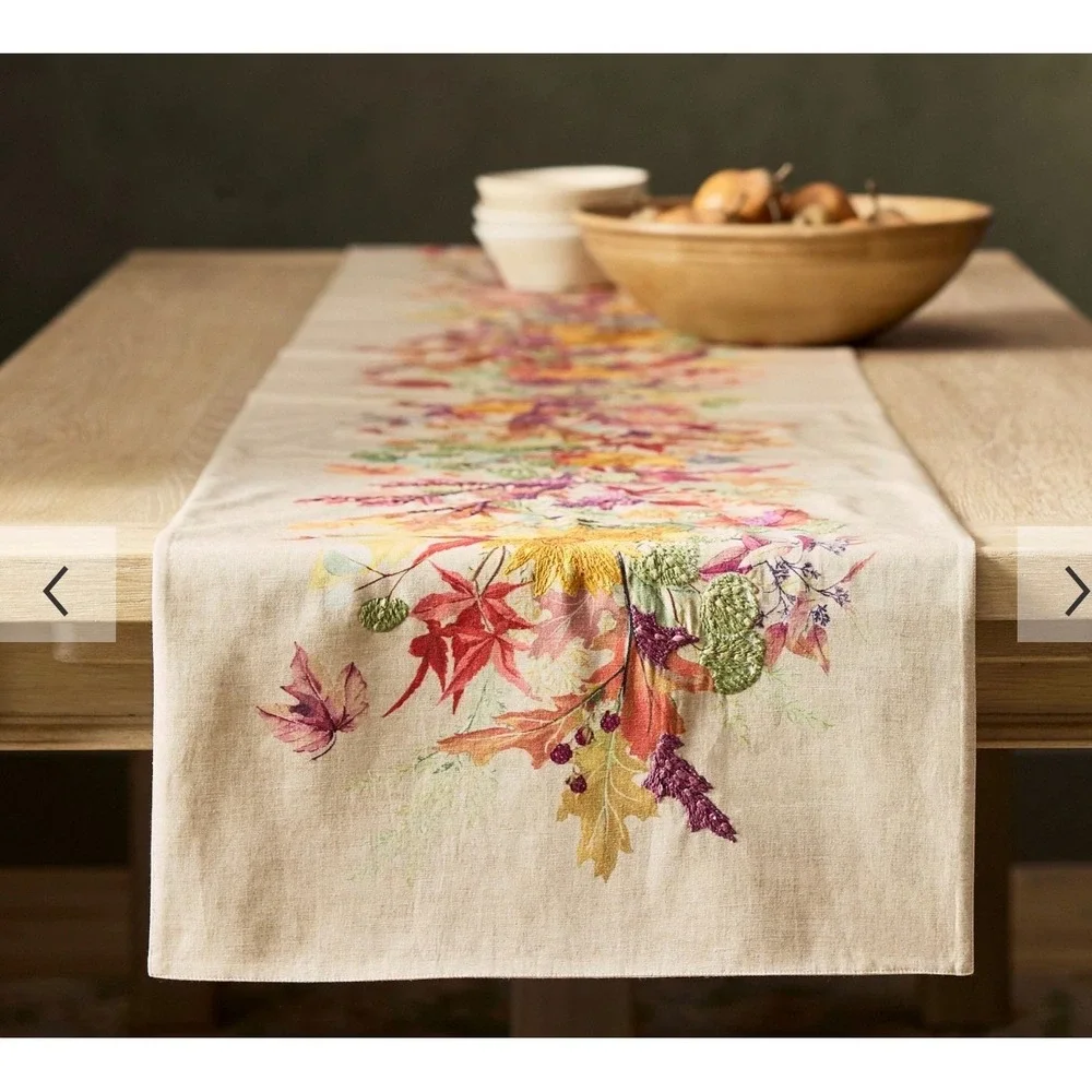 Pottery Barn Fall Botanical Embroidered Table Runner Cotton Linen 108x18 Floral